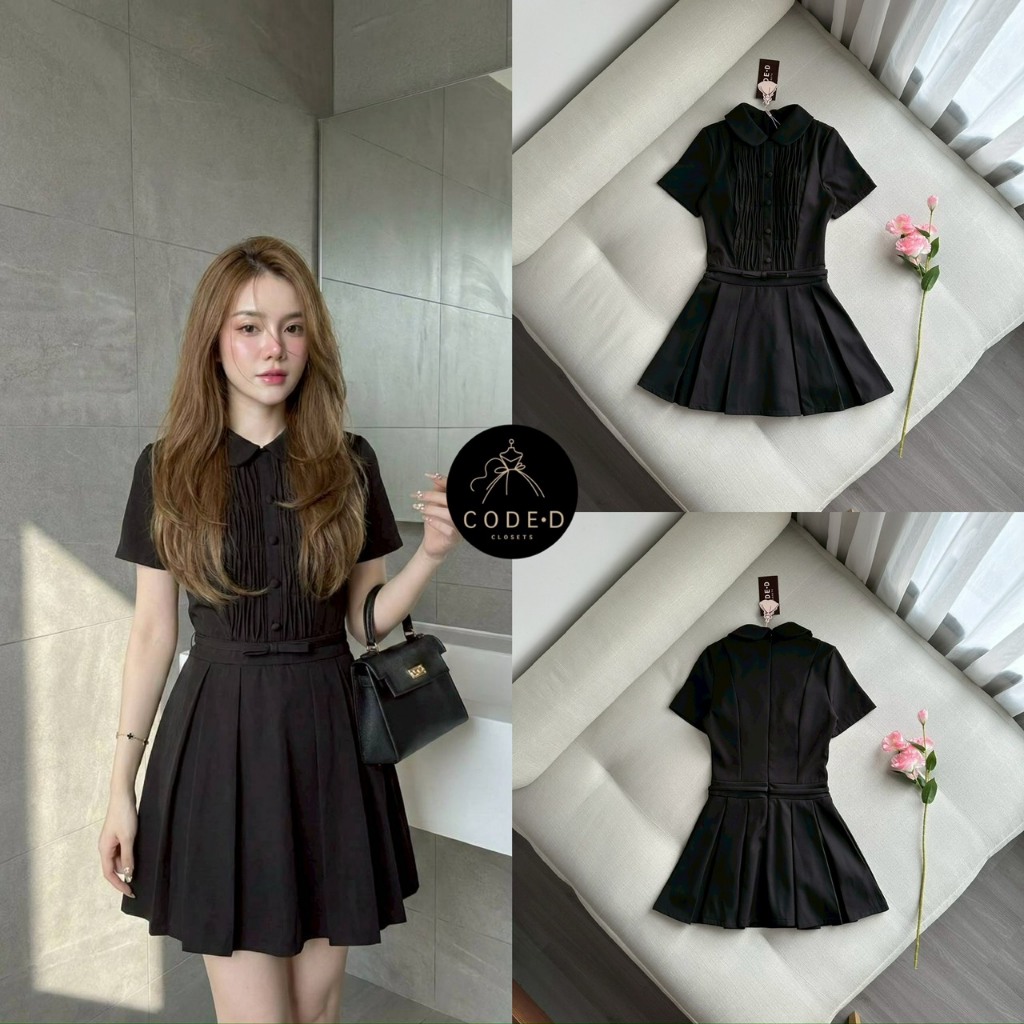 [CODE-D] มินิเดรสสีดำแขนสั้น คอบัว ดีเทลแต่งกระดุมเรียงยาว ด้านหน้าจับจีบ  อกเอวเข้ารูป แต่งสายคาดเอว