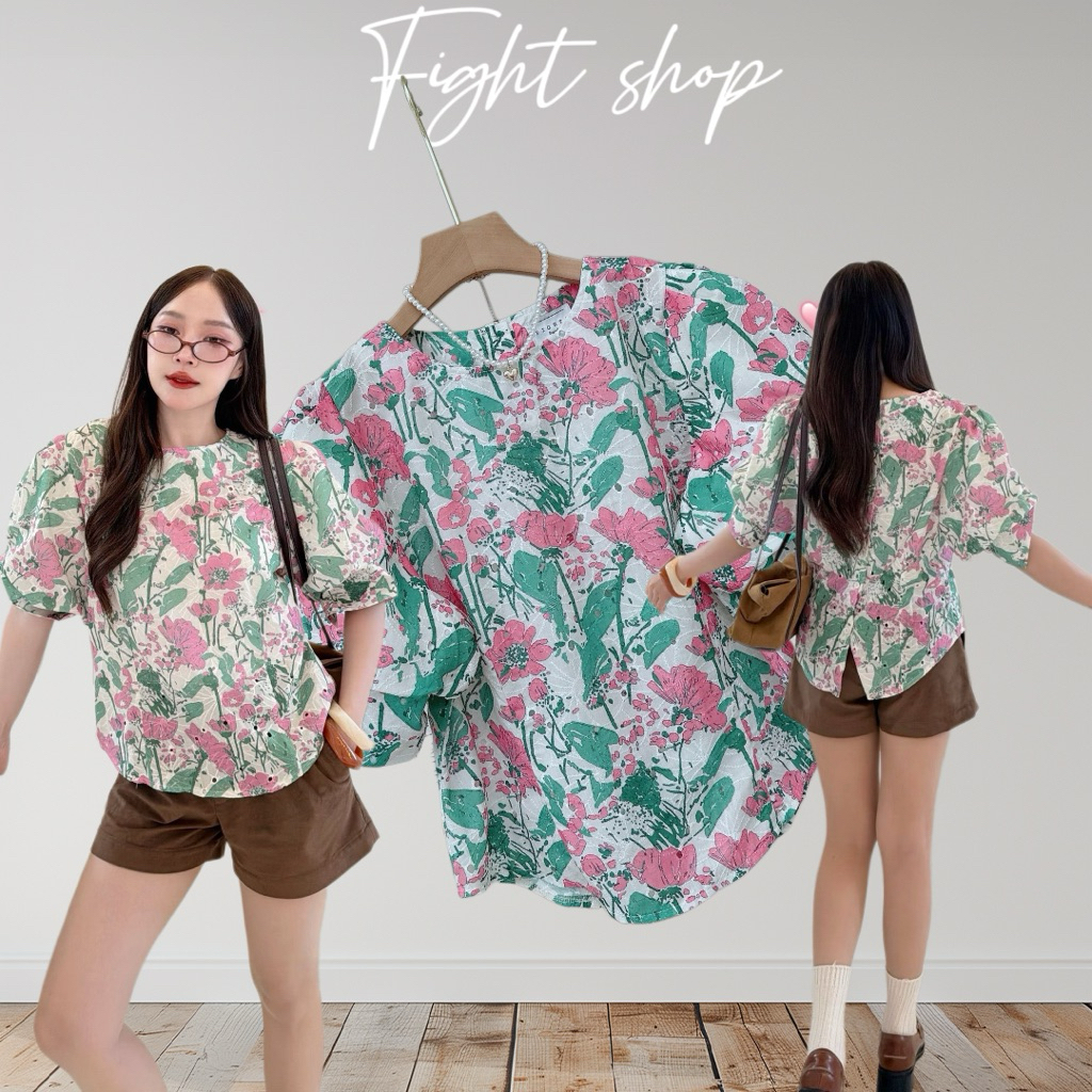 [พร้อมส่ง] Fight เสื้อฉลุพิมพ์ลายดอกสวยจริง แขนพองดีไซน์เก๋ กระดุมหลัง