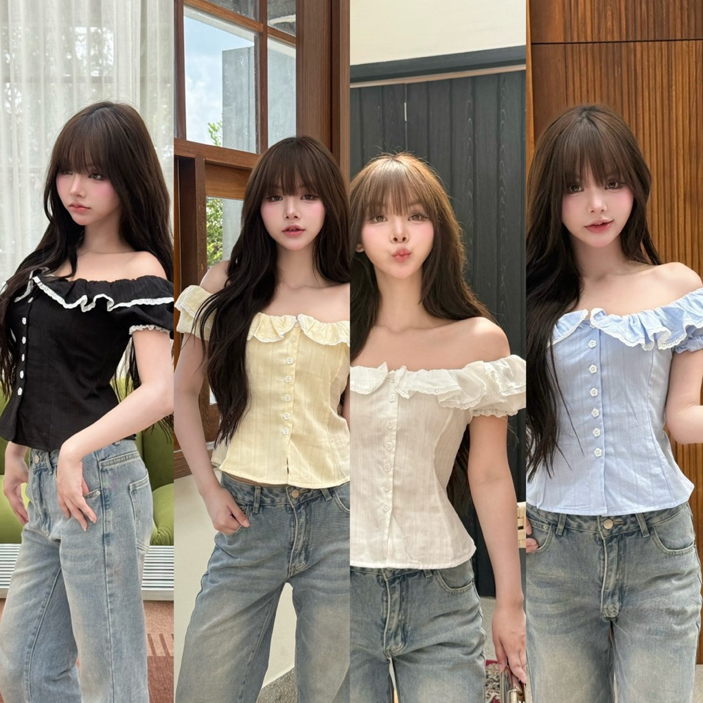 🌟Mamildya.shop🌟 เสื้อปาดไหล่ ผ้าคอตตอน/K2-5 /NUSA-ปาดเปิด⚫