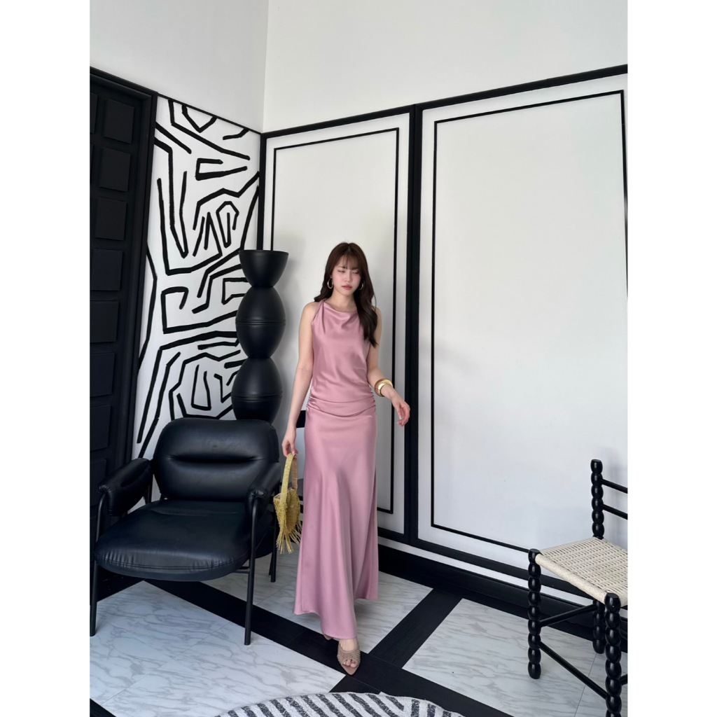 colourblockmatter -Starfall Dress สี Milk tea/ Neon Yellow /  Jade / Lime / Peach / Nude Pink เดรสซาตินออกงาน