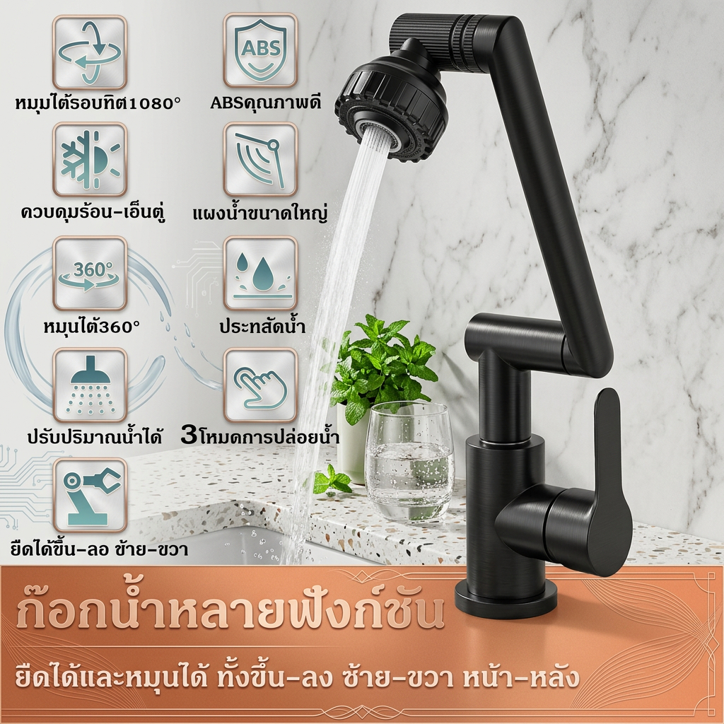 ก๊อกน้ำแขนกล อเนกประสงค์ สำหรับอ่างล้างหน้าในห้องน้ำและอ่างล้างจานในห้องครัว หมุน 360 ฟอร์ซพุ่งสูง กันกระเซ็น