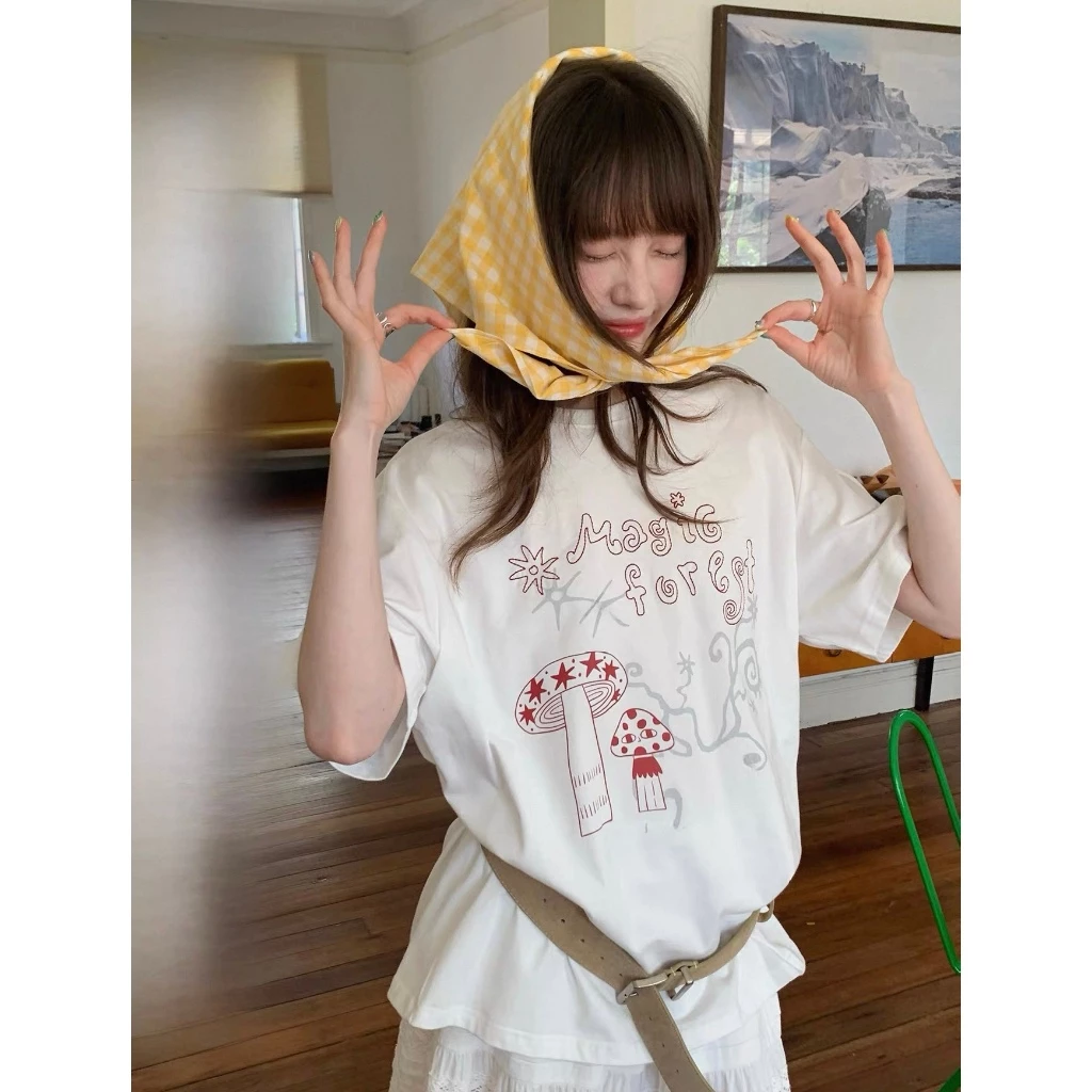 A021เสื้อยือคอตตอนสไตล์เกาหลีลายเห็ดคลาสสิคพร้อมลายหนังสือสวยๆน่ารักสุดๆ【ส่งจากไทย】📞