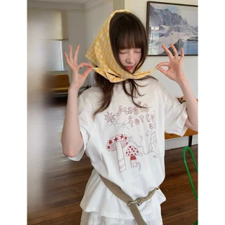 A021เสื้อยือคอตตอนสไตล์เกาหลีลายเห็ดคลาสสิคพร้อมลายหนังสือสวยๆน่ารักสุดๆ【ส่งจากไทย】📞