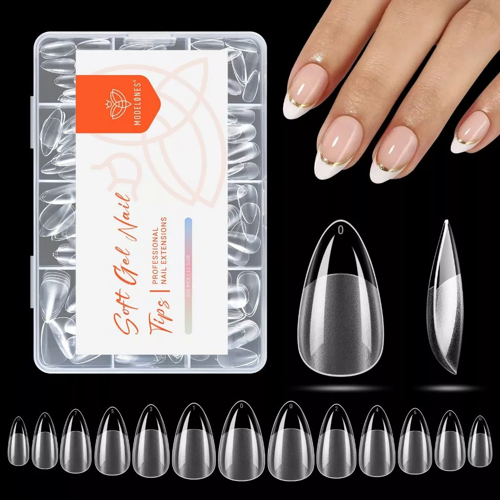 【คุณภาพสูง】Modelones เล็บปลอมอัลมอนด์สั้น 216 ชิ้น 12 ไซส์ Soft Gel Tips ใส ครอบเต็มเล็บ ต่อเล็บ DIY