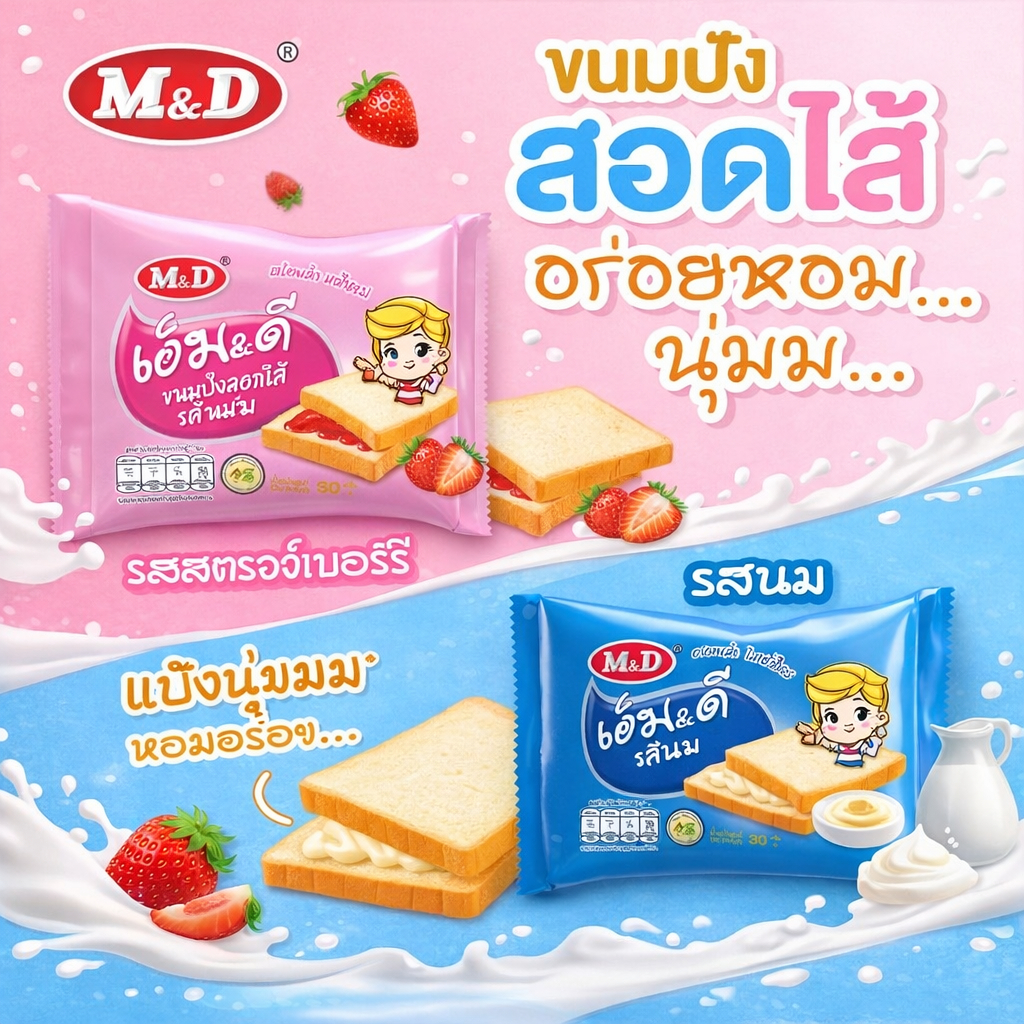 M&D ขนมปังสอดไส้ครีม 12 ชิ้น รสนม / รสสตรอว์เบอร์รี่ ไม่คละรส ขนมปังไส้ครีมเนื้อนุ่ม