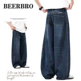 beerbroth-กางเกงยีนส์ผู้ชาย ฮิปฮอป แฟชั่นพิมพ์ลาย ทรงกระบอก สไตล์อเมริกันวินเทจ เท่ๆ ไซส์ใหญ่ ทรงลุง