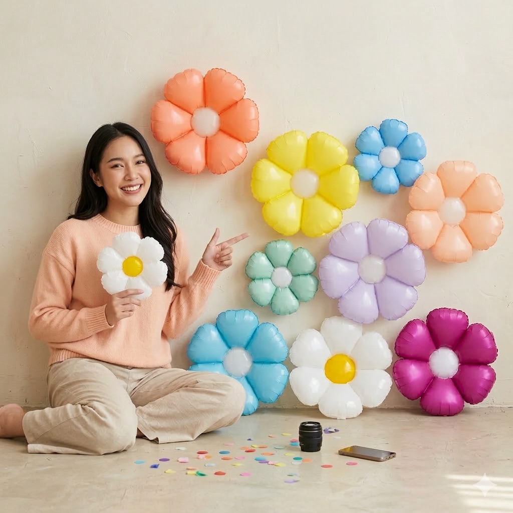 ลูกโป่งดอกไม้สีขาว ลูกโป่ง ดอกเดซี่ ลูกโป่งฟอยล์ดอกไม้(BE)