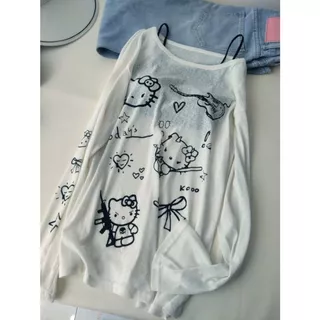 เสื้อยืดแขนยาวเปิดไหล่ลายคิตตี้สำหรับผู้หญิง เหมาะสำหรับฤดูใบไม้ผลิ ฤดูใบไม้ร่วง และฤดูร้อน ดีไซน์โดดเด่น ทรงหลวม ช่วยให