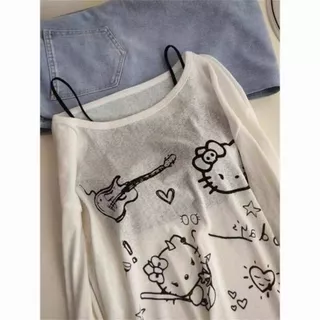 เสื้อยืดแขนยาวเปิดไหล่ลายคิตตี้สำหรับผู้หญิง เหมาะสำหรับฤดูใบไม้ผลิ ฤดูใบไม้ร่วง และฤดูร้อน ดีไซน์โดดเด่น ทรงหลวม ช่วยให