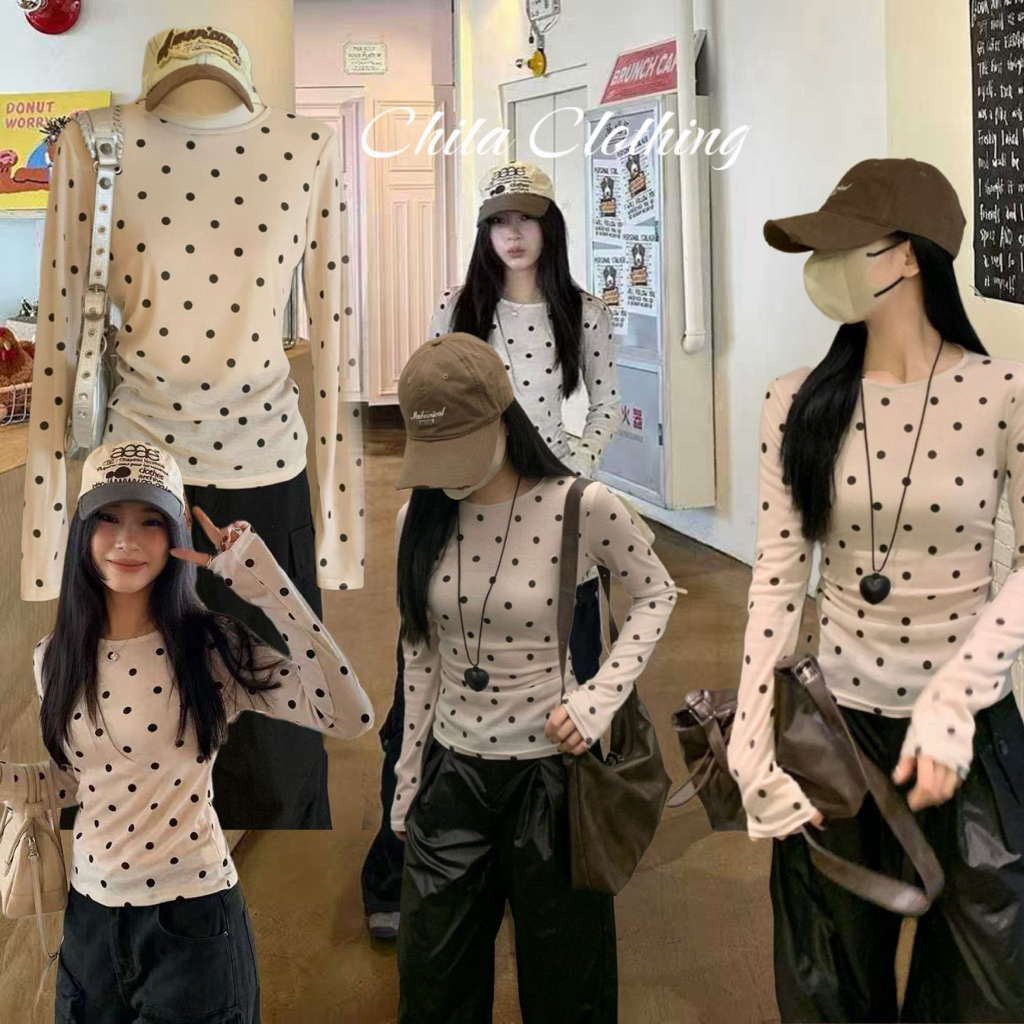 📍พร้อมส่ง📍7108💌เสื้อแขนยาวคอกลมผ้าบางซีทรู ลาย polka dot เนื้อผ้ายืดหยุ่นได้เยอะ ทรงสวย  TAG:WG.WE 🇰🇷