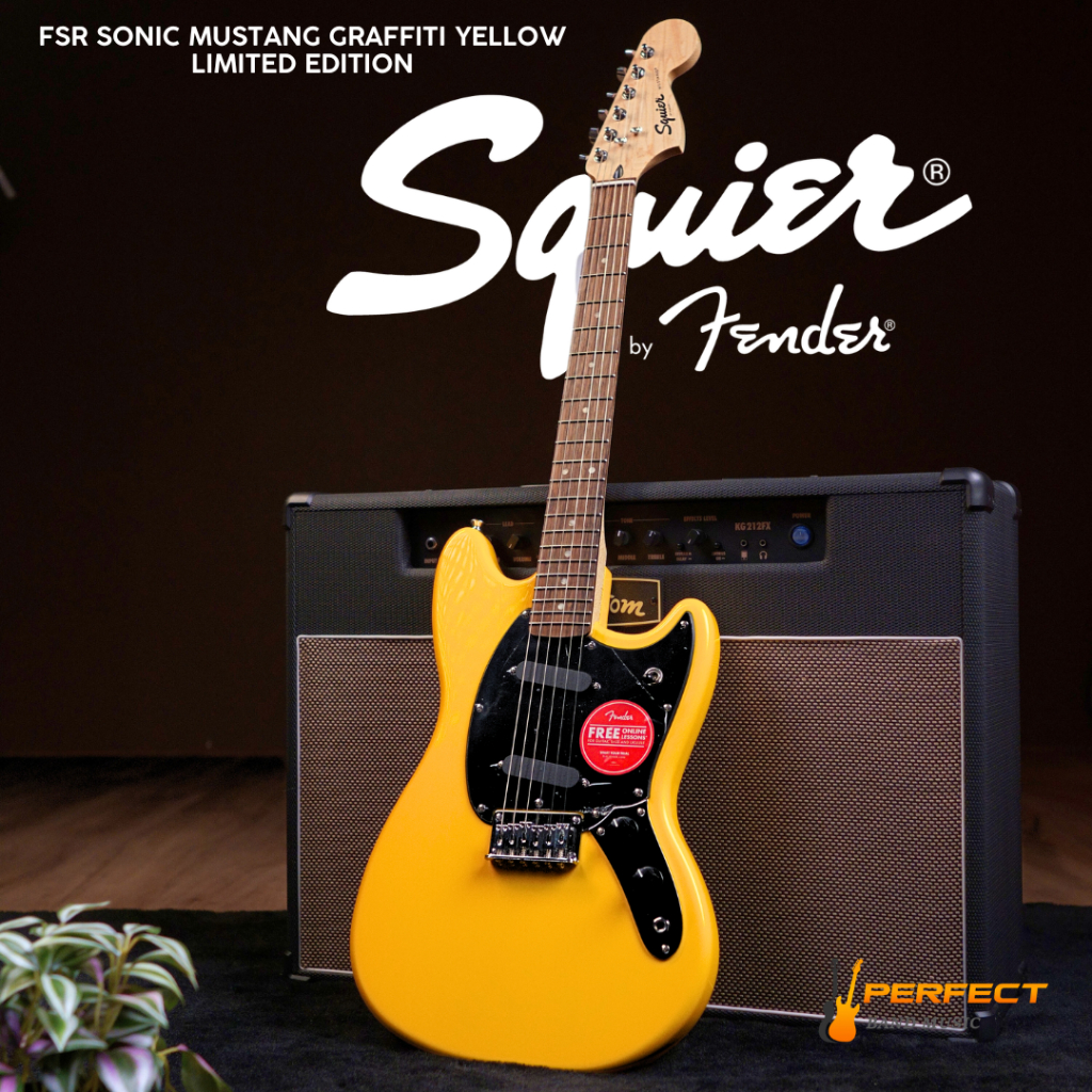 Squier FSR Sonic Mustang Graffiti Yellow Limited Edition กีตาร์ไฟฟ้า พร้อมปิ๊ก ประแจ Set Up ตั้งสายก