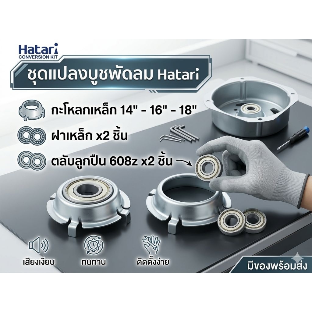 อะไหล่เเปลงบูช พัดลมฮาตาริ 14-16-18 นิ้ว ชุดซ่อมบูชพัดลม ฝาเหล็ก 4 ขาพร้อมลูกปืน608z  ครบหน้าเเละหลัง สำหรับกะโหลกเหล็ก