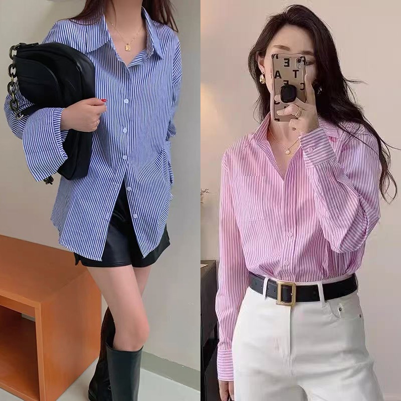 พร้อมส่งจากไทย เสื้อใส่ทำงานผู้หญิง เสื้อเชิ้ตแขนยาว ลายทาง ลายทาง ทรงหลวม แมทซ์ง่ายใส่ได้ทุกวัน #F065