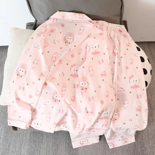ชุดนอนแขนยาว+กางเกงขายาวHello Kitty สีชมพูคิตตี้ การ์ตูนน่ารัก ผู้หญิง ร้อนฤดูร้อน ผ้าคลุมสบาย CloudFeeling มีไซส์ M-2XL