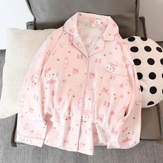 ชุดนอนแขนยาว+กางเกงขายาวHello Kitty สีชมพูคิตตี้ การ์ตูนน่ารัก ผู้หญิง ร้อนฤดูร้อน ผ้าคลุมสบาย CloudFeeling มีไซส์ M-2XL