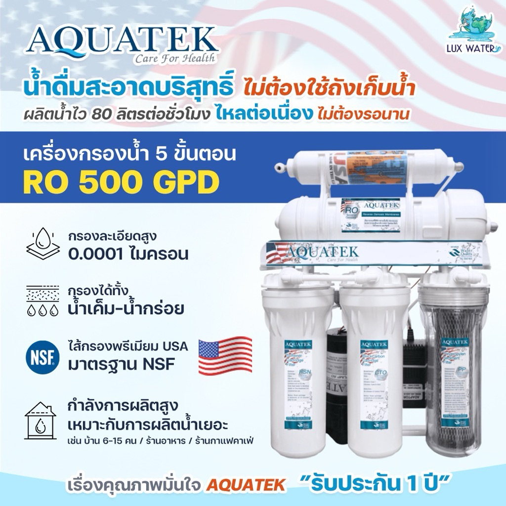 Aquatek 🇺🇸 เครื่องกรองน้ำ RO 500 GPD ของแท้ รับประกัน 1 ปี (ตัวแทนเจ้าแรกของ Aquatek)