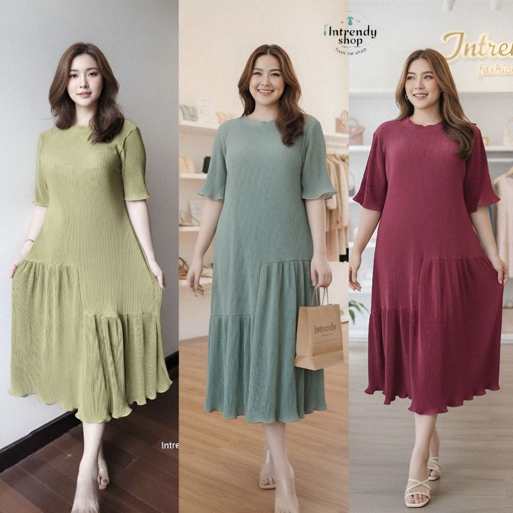 New collection.เดรสพลีทต่อชายระบายสาวอวบ S2 { อก:36 - 48 นิ้ว } ใส่สวย เป็นผ้าอัดพลีทร่องเล็กเนื้อดี.