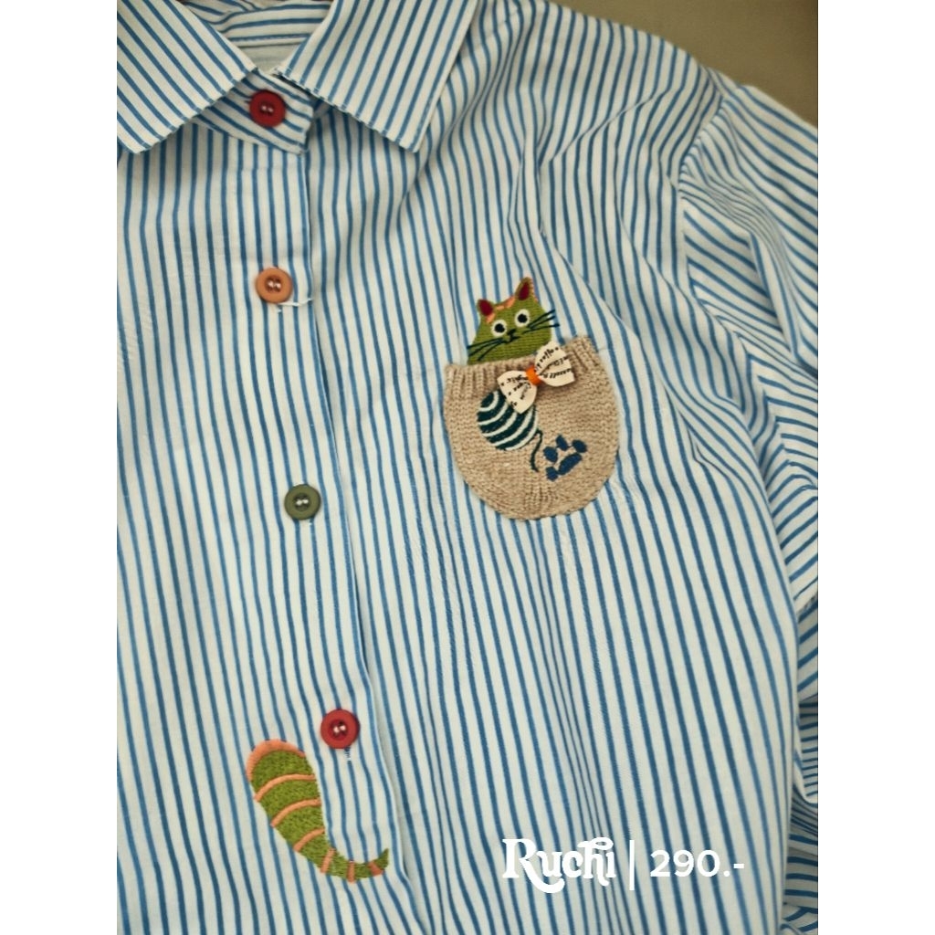 พร้อมส่งในไทย 🇹🇭 RUCHI - เสื้อลายแมว เสื้อลายทาง เสื้อเชิ้ตทำงาน เสื้อน่ารัก เสื้อสไตล์ญี่ปุ่น เสื้อ