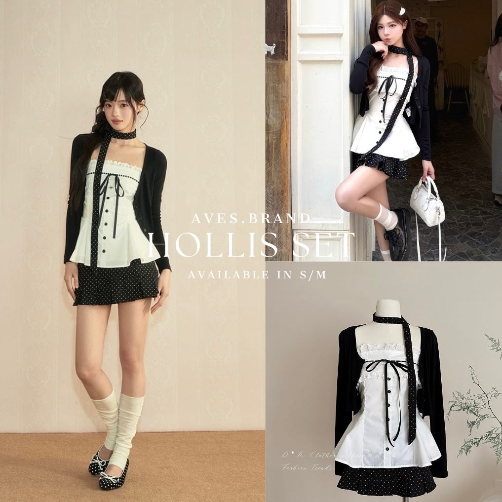 AVES.BRAND HOLLIS SET ชุดเซ็ต 3 ชิ้น เสื้อเกาะอก เสื้อคลุม กระโปรงลายจุด