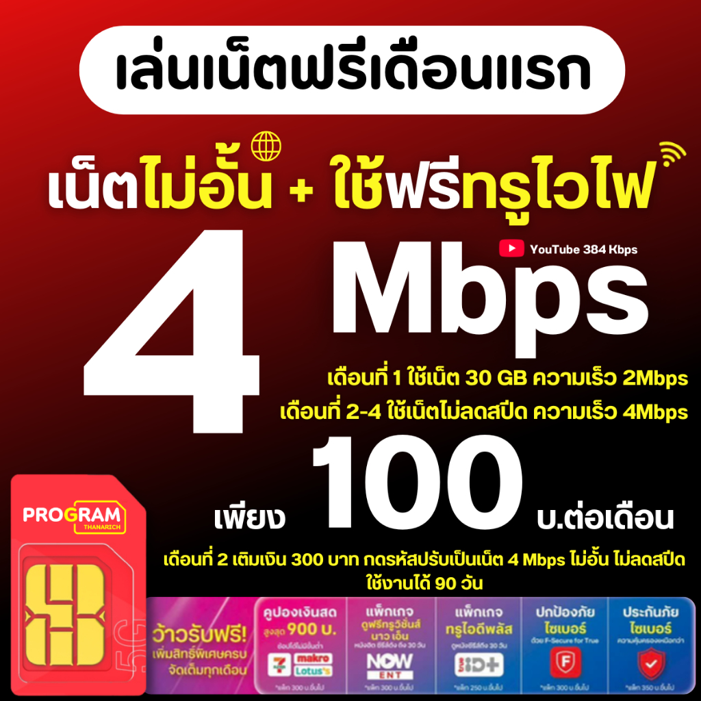 ซิมทรู 30 Mbps ซิมเน็ตไม่อั้น ไม่ลดสปีด โทรฟรีทุกเครือข่ายเดือนละ 265 บาท
