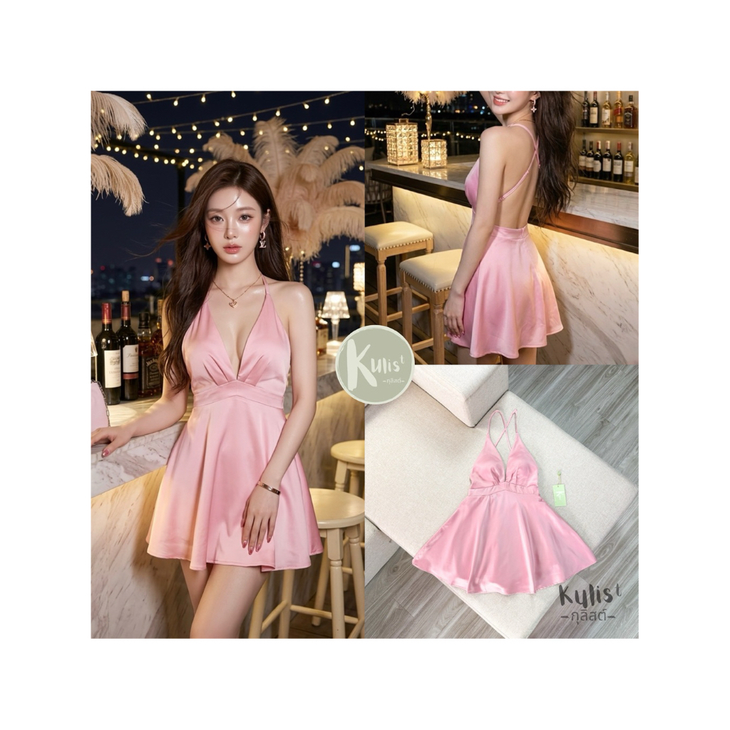 D3 งานป้าย Kulist Dress เดรสสั้น สีชมพูกุหลาบ แต่งสายไขว้หลัง สำหรับผู้หญิง เสื้อผ้าแฟชั่นผู้หญิง ไซ