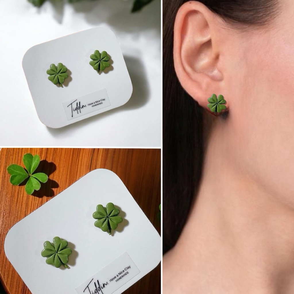 ต่างหูแฮนด์เมด 🍀ใบ clover 4 แฉก สัญลักษณ์ความโชคดี Size 1.5 Cm.   Nickel free ไม่แพ้ไม่คัน แพ้นิกเกิล หรือแพ้ง่าย ใส่ได้