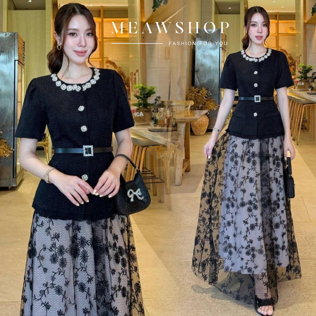 S-3XL Set 3 ชิ้น เสื้อทวิตแขนสั้นคอกลมขอบคอล้อมรอบเพชร+กระโปรงลูกไม้ลายดอกไม้+เข็มขัดหัวสี่เหลี่ยมเพ