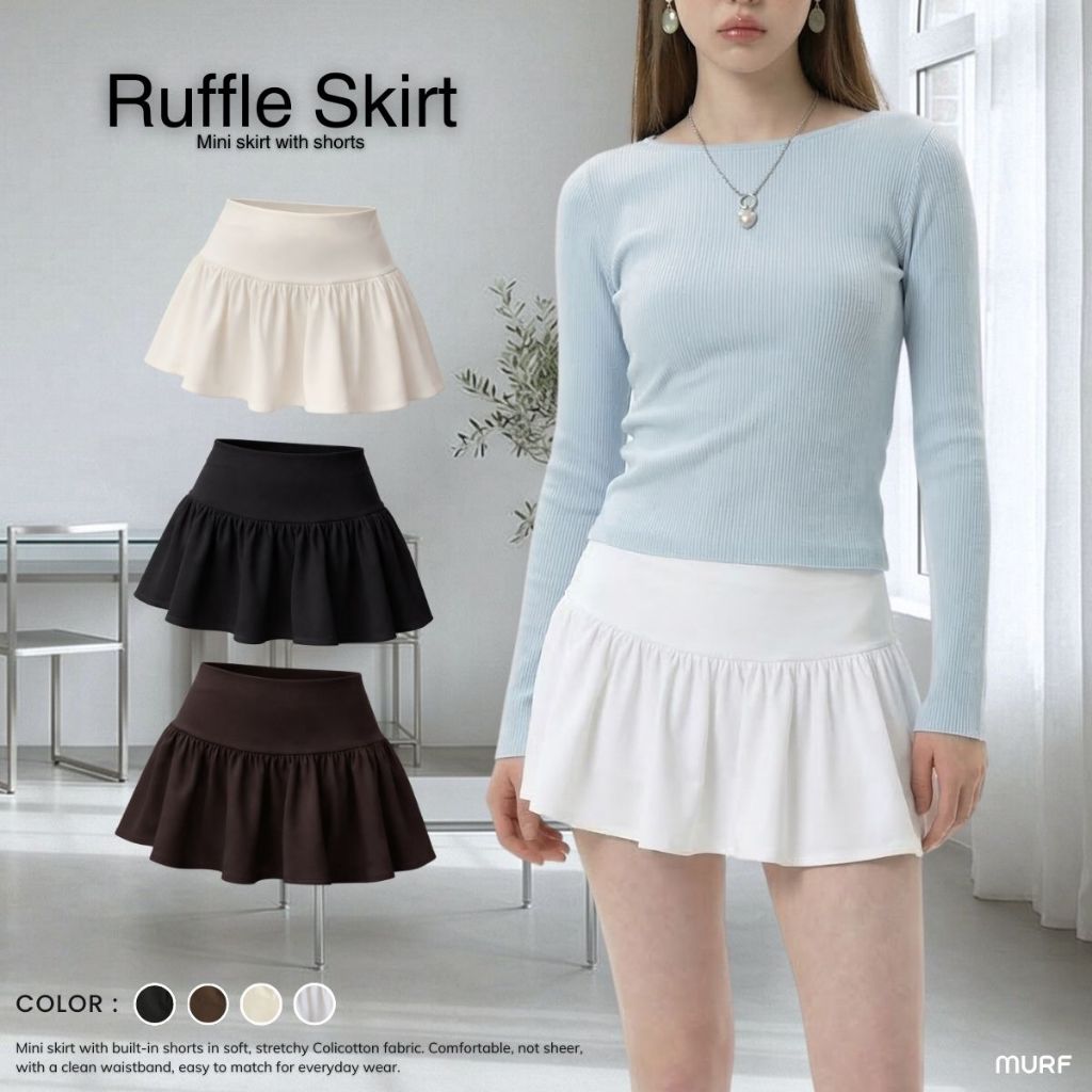 Ruffle Mini Skirt - กระโปรงกางเกง กระโปรงมีซับกางเกง Colicotton ผ้ายืดนุ่ม ใส่สบาย ไม่บาง มีซับใน | MURF.BKK | Mini Skir