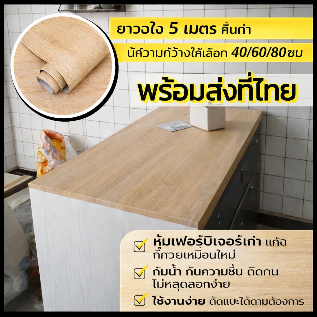สติกเกอร์ลายไม้ติดเฟอร์นิเจอร์ กันน้ำ มีกาวในตัว หนาทนทาน ติดโต๊ะ ตู้ ผนัง กว้าง 40/60/80 ซม ยาว 5 เมตร