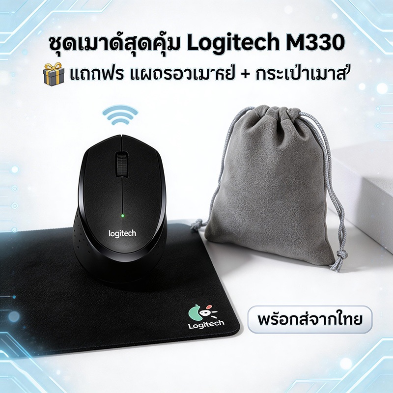 เมาส์ Logitech M330 Silent Mouse ชุดสุดคุ้ม พร้อมแผ่นรองเมาส์และกระเป๋าเมาส์ Wireless Mouse แถมฟรี พ