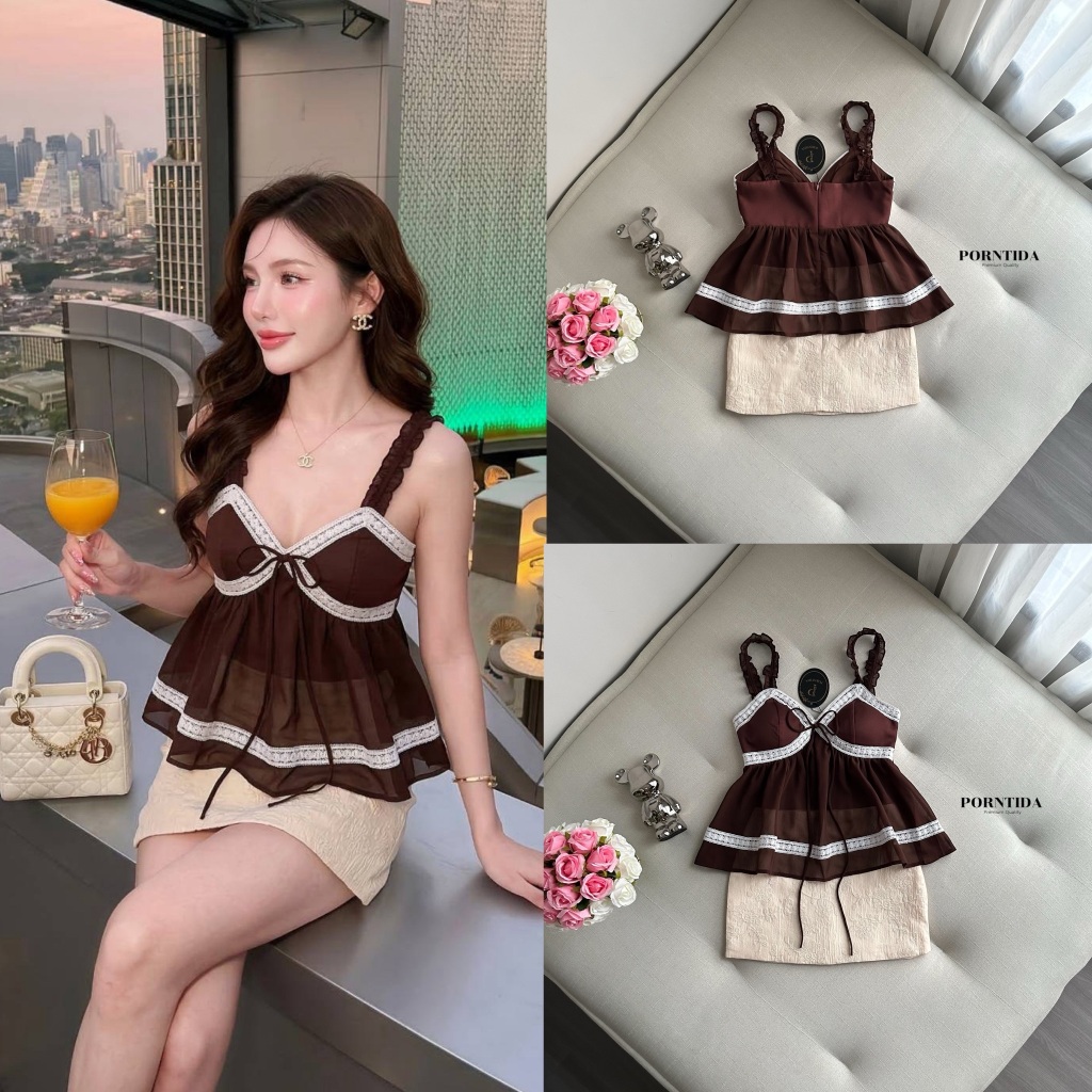 PORNTIDA  Set เสื้อสายเดี่ยวสีน้ำตาลผูกโบว์