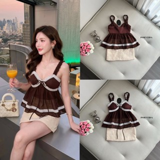PORNTIDA  Set เสื้อสายเดี่ยวสีน้ำตาลผูกโบว์