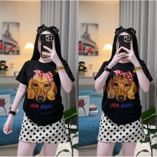 เซตเสื้อและกระโปรงลายน้องหมาโบว์ ผ้าเนื้อนุ่ม ใส่สบาย ขนาดฟรีไซส์