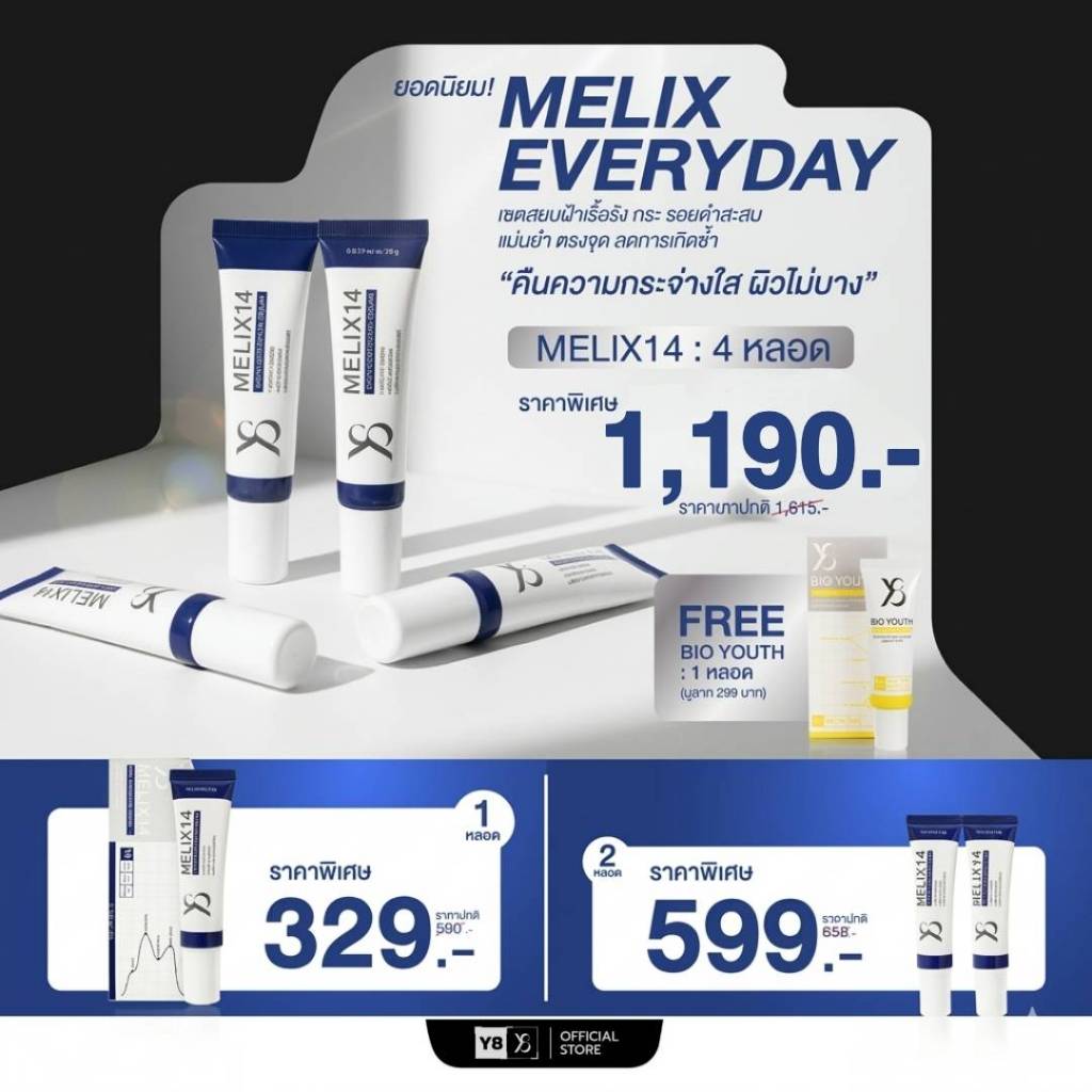 Y8 MELIX14 เมลิกซ์โฟร์ทีน ครีมลดเลือนฝ้า กระ จุดด่างดำ สูตรเข้มข้น ฟื้นฟูผิวหมองคล้ำ ให้กระจ่างใส