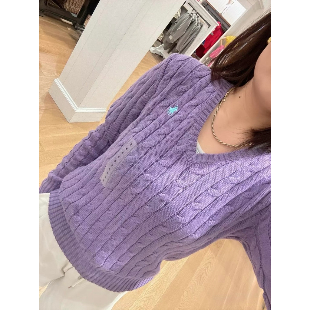 Polo ralph laurenCable-knit Cotton V-neck Sweater Purple สีม่วง ราคา ถูกที่สุด ดีลบีเคเค แกลเลอรีภาพที่ 3