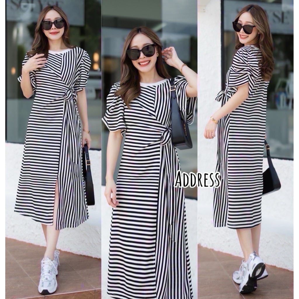 ส่งเร็ว Address เดรสแขนสั้น ช่วงแขนแต่งเย็บย่นๆ ช่วงเอว มีสายให้ผูกโบว์เข้ารูป applecloset