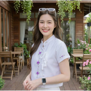เสื้อพื้นเมืองผู้หญิงคอจีนป้ายผูกโบว์ ปักดอกด้วยมือ