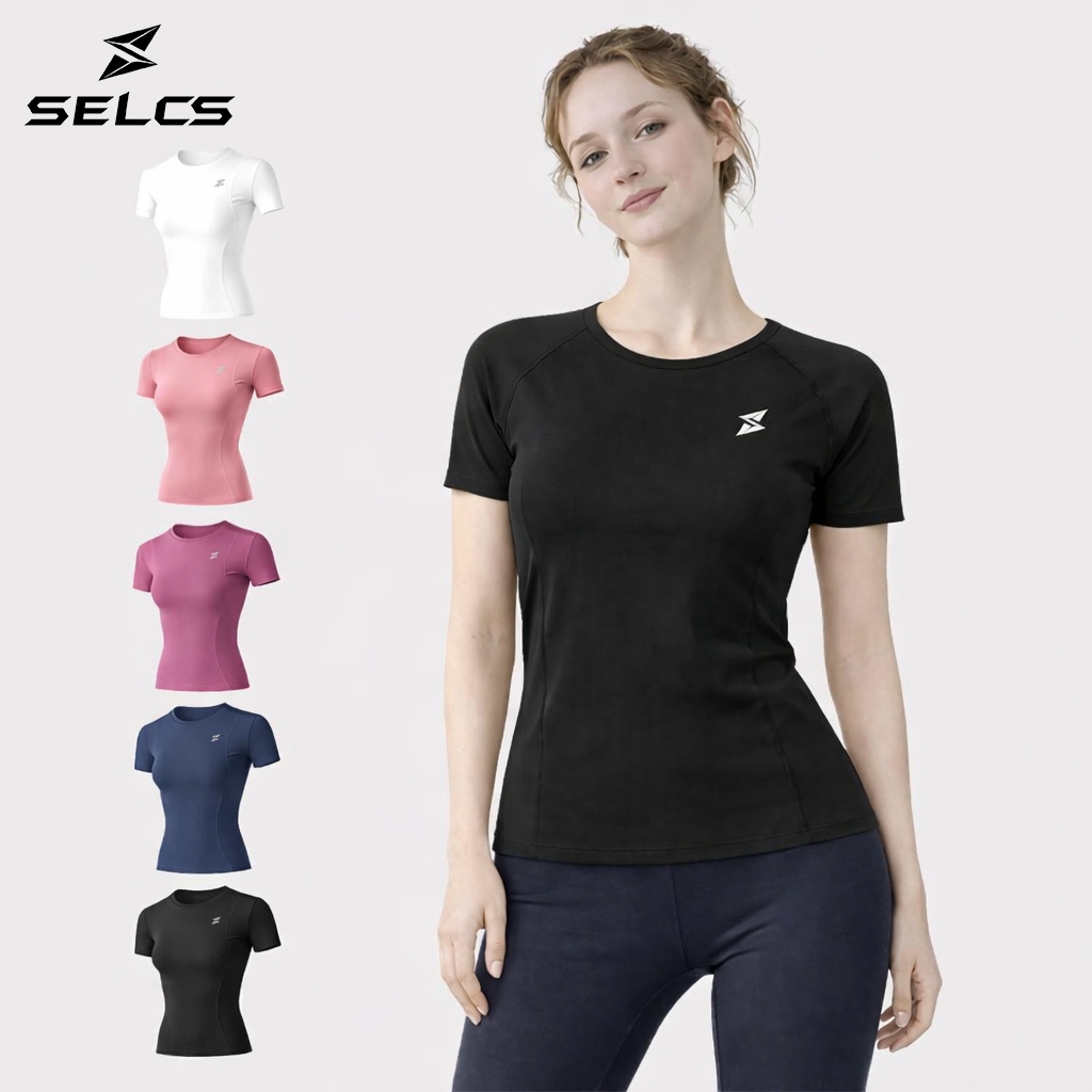 SELCS เสื้อยืดออกกำลังกายผู้หญิง เสื้อกีฬาผู้หญิง คอกลมแขนสั้นสีทึบ เสื้อยืดกีฬา ระบายอากาศและแห้งเร็ว