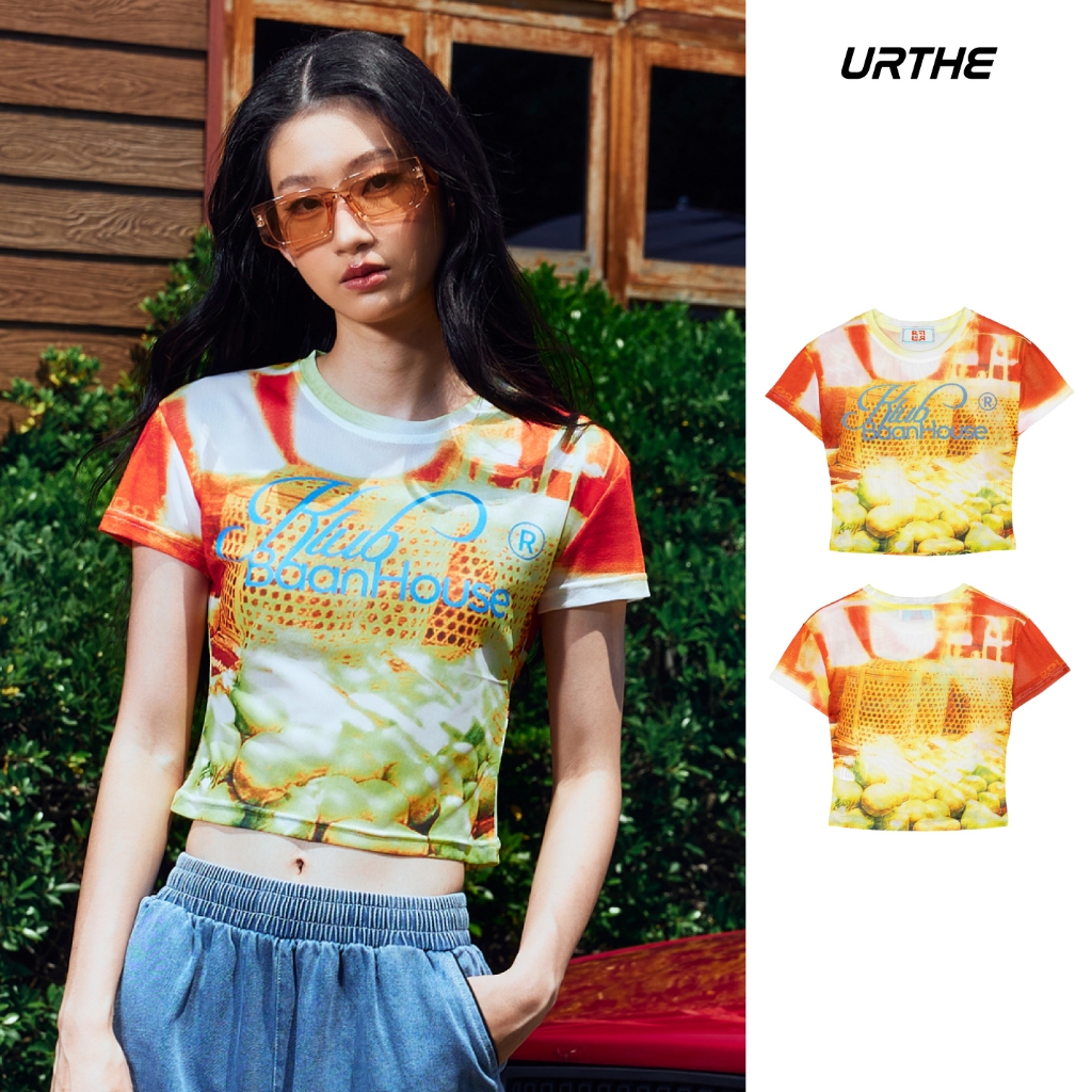 URTHE - เสื้อครอป พิมพ์ลายเต็มตัว รุ่น MORNING MARKET MESH CROPPED TOP - Col. ROLLOR KLUB BAAN HOUSE