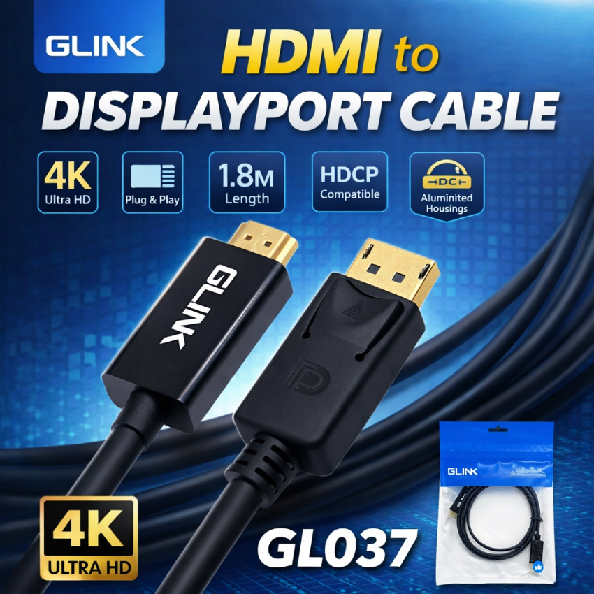GLINK สายแปลง DisplayPort TO HDMI 4K 30Hz ยาว 1.8M ภาพคมชัด เสถียร รุ่น GL-037