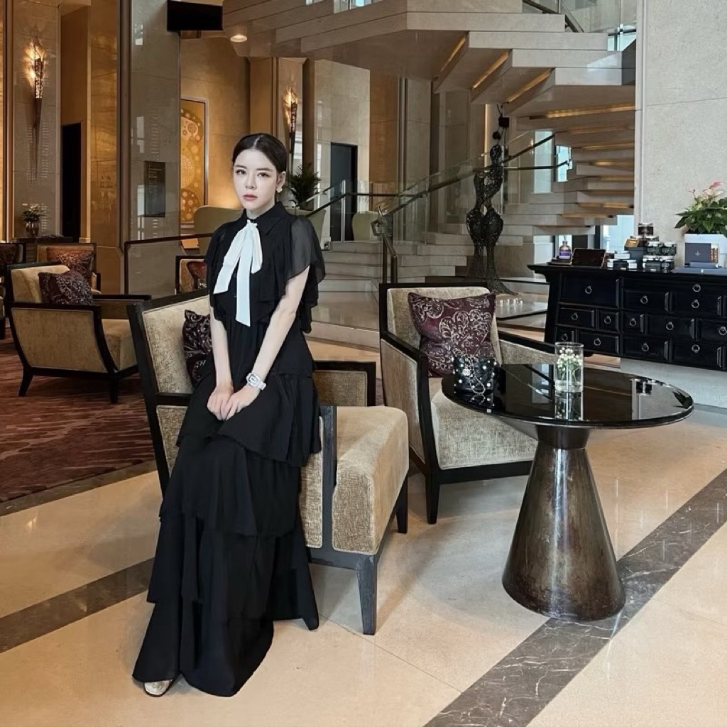 ส่งต่อ FLAT2112 FF0031 : LADY DIANA DRESS เดรสยาวระบายชั้น เดรสออกงาน สีดำ ไซส์ XL (ใส่ 1 ครั้ง)