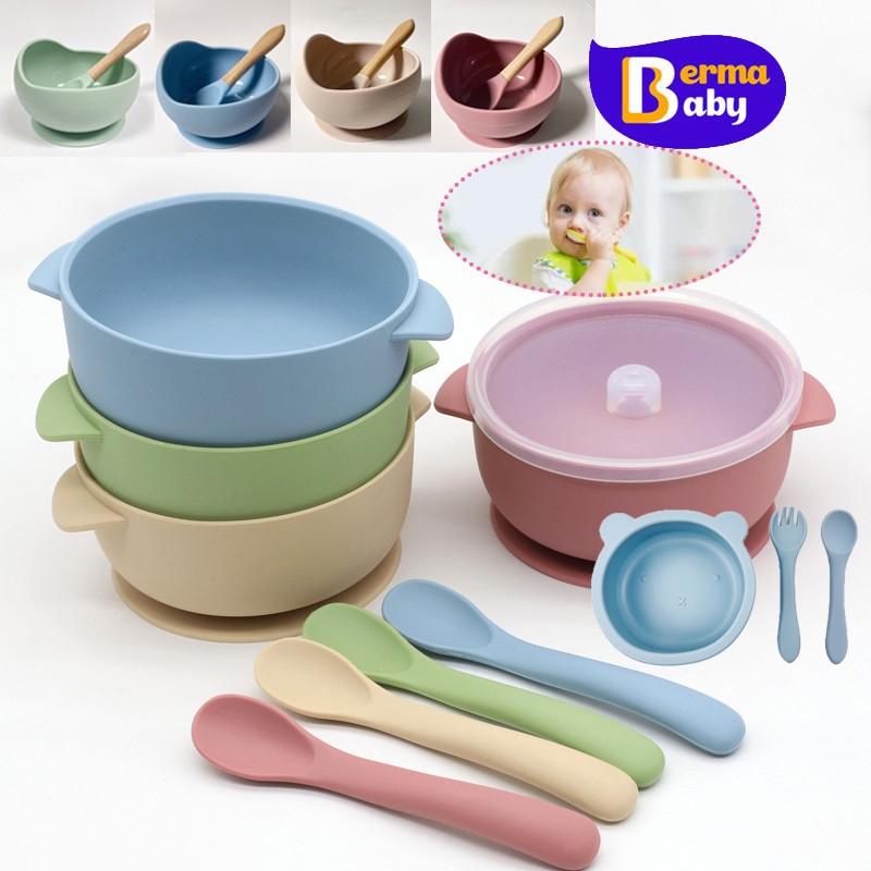 Berma Baby ชามซิลิโคน ใช้ฝาครอบ และช้อนซิลิโคน ชามดูดด้านล่าง ชามเด็ก กันกระแทก