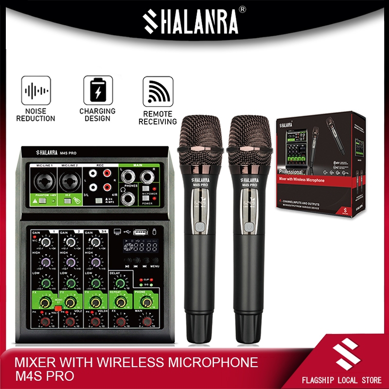 SHALANRA M4S PRO มิกเซอร์ระดับมืออาชีพพร้อมไมโครโฟน ไมโครโฟนไร้สาย UHF แบบชาร์จไฟได้ รองรับ Bluetooth/MP3/48V