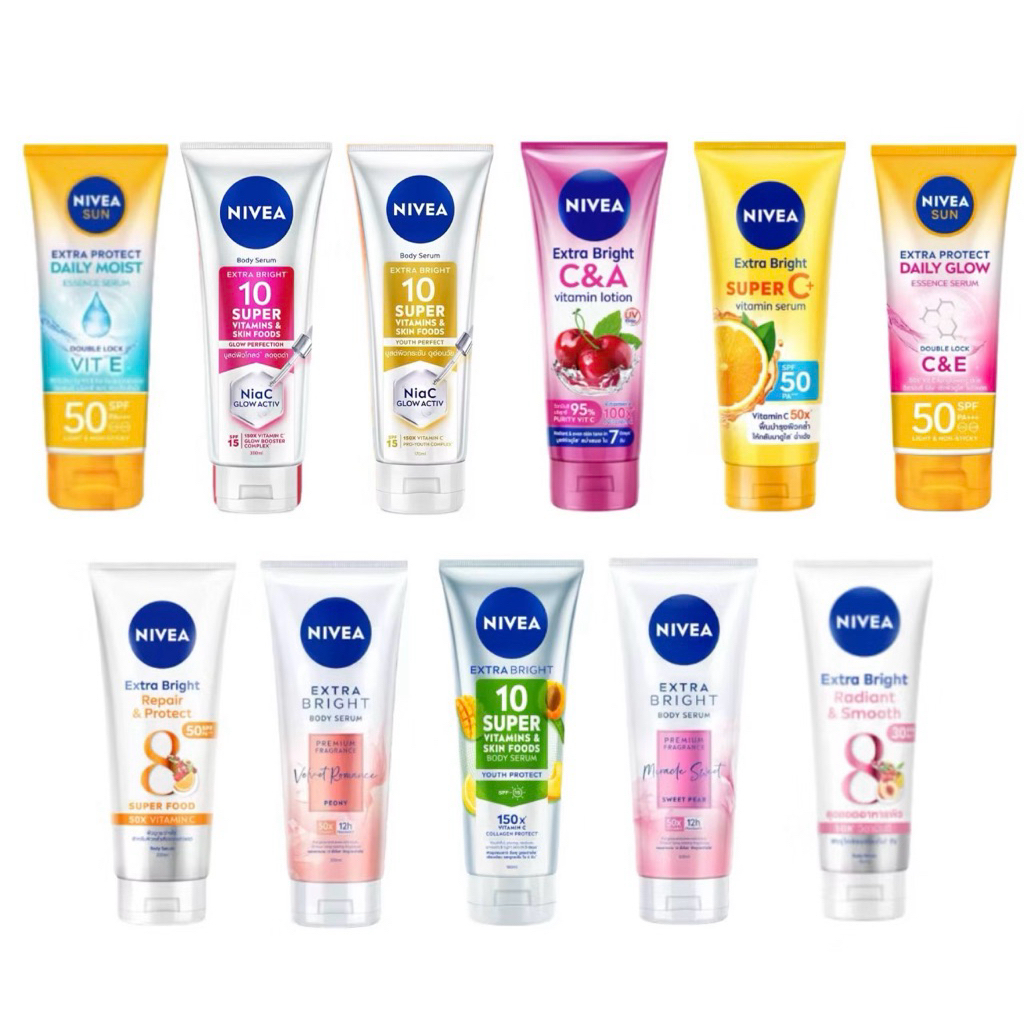 ถูกสุด! 82฿ NIVEA นีเวีย เอ็กซ์ตร้า ไบรท์ 10 ซูเปอร์ วิตามิน สกิน ฟู้ด บอดี้ เซรั่ม ยูธ โพรเทค 180มล./320 มล.