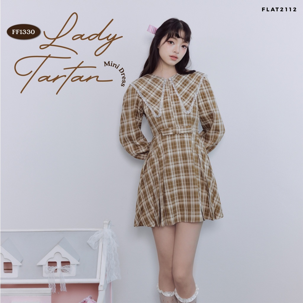 FLAT2112 : LADY TARTAN MINI DRESS เดรสลายสก็อต เดรสสก็อตเกาหลี เดรสลูกคุณหนู เดรสสไตล์เกาหลี เดรสกระโปรงบาน (FF1330)