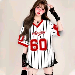 เสื้อยืดเบสบอลคนอ้วนไซส์ใหญ่สำหรับผู้หญิง oversize สกรีนลายเท่ สไตล์​เกาหลี เสื้อโอเวอร์ไซส์กีฬา ฮิปฮอป preppy style 3XL
