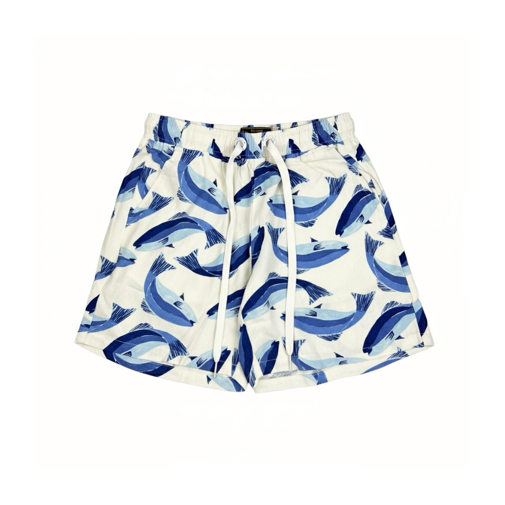 Hybrid Short Pant ไฮบริดกางเกงขาสั้นชาย สีขาว-ฟ้า MPS-202BU กางเกงชาย กางเกงขาสั้น กางเกงฮาวาย กางเกงขาสั้นลายปลากราฟิกด