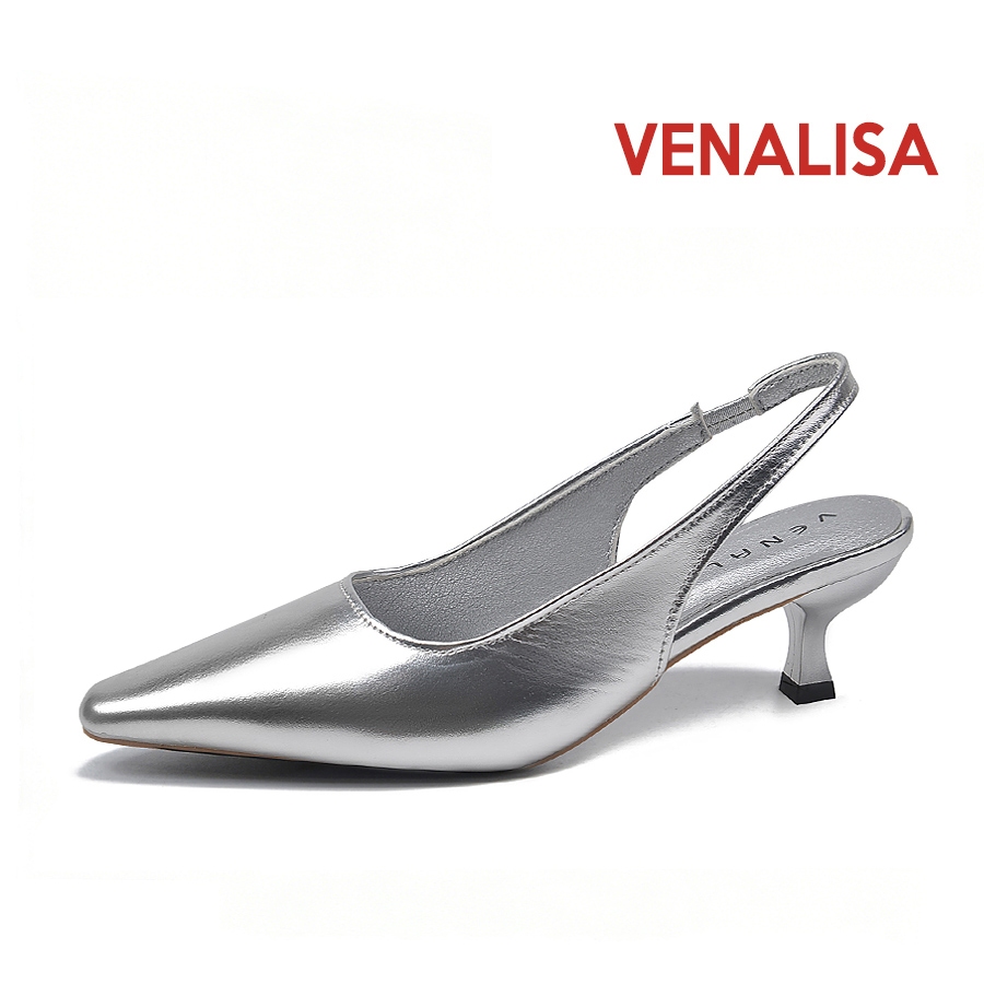 Venalisa รองเท้าส้นสูงแฟชั่นสำหรับผู้หญิงชี้ 1 นิ้วส้นต่ำสีทอง และเงินการออกแบบธุรกิจ