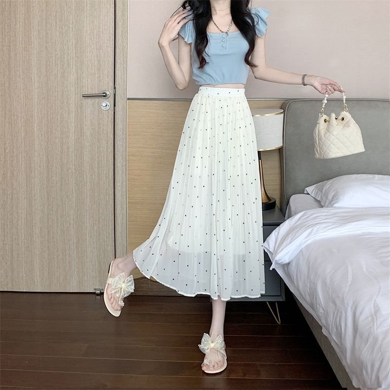 🫧beautified🫧กระโปรงลายจุดฝรั่งเศส กระโปรงยาวปานกลางสำหรับตัวเล็ก ทรงเอ เอวสูง สีเบจ สีดำ L-M🎀2036