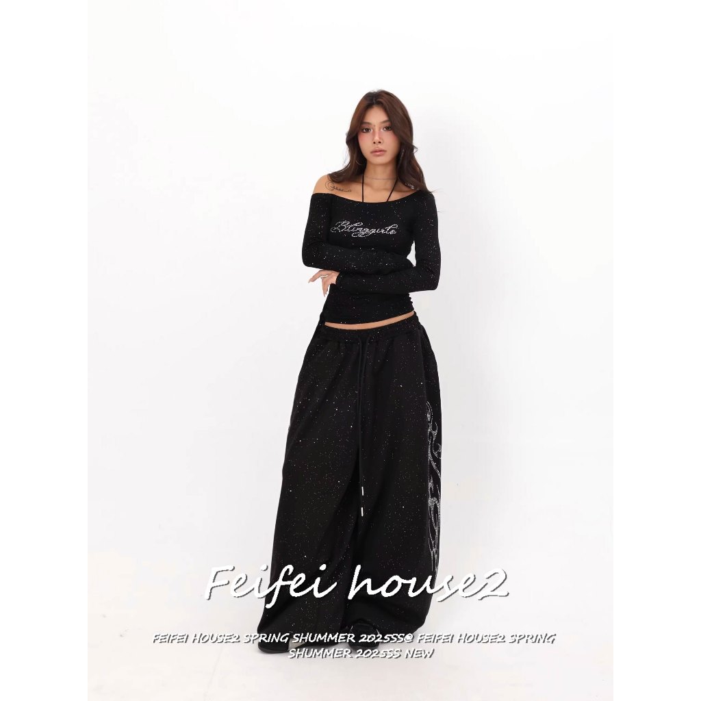 [Rhinestone drawstring trousers]กางเกงผู้หญิงสไตล์สตรีทแจ๊สวินเทจอเมริกันเอวสูงเพชรติดหลวม
